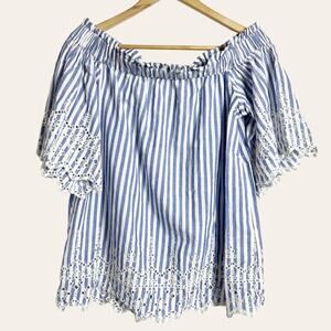 H&M Blue & White Striped Off-the-Shoulder Embroidered Top Size 4